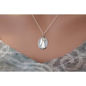 Sterling Silver Pine Tree Charm with Bronze Moon Necklace